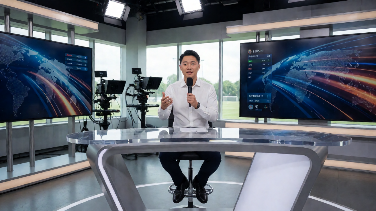 体育直播演播室，主持人正在进行赛前解说